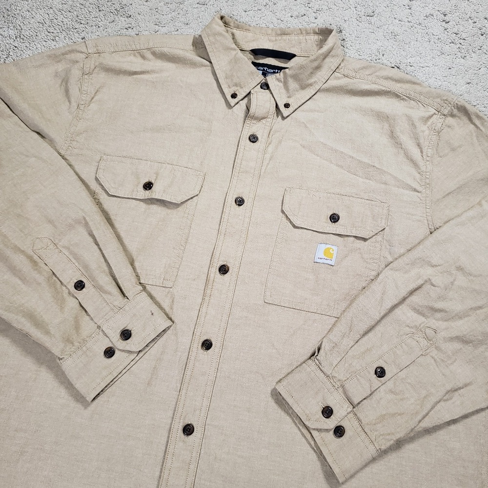 Carhartt Shirt Men 2XL Tan Beige Fort Loose Long Sleeve Chambray Work Casual